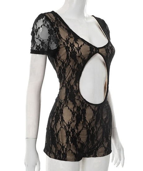 Sultry Black Lace Cutout Romper | Short Sleeve Bodycon Playsuit for Fall & Holiday Nights