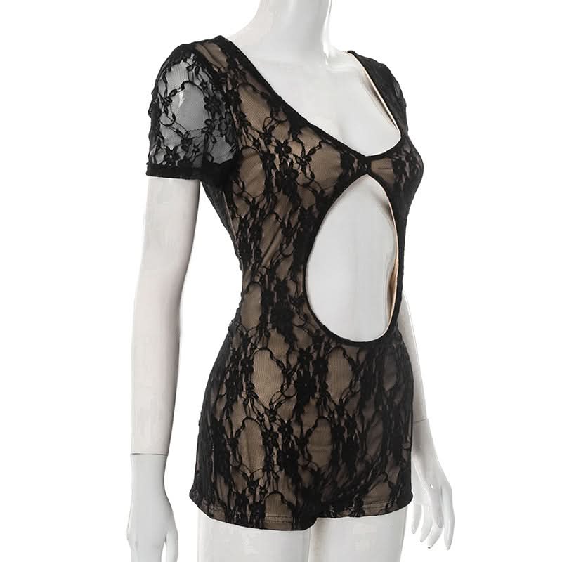 Sultry Black Lace Cutout Romper | Short Sleeve Bodycon Playsuit for Fall & Holiday Nights