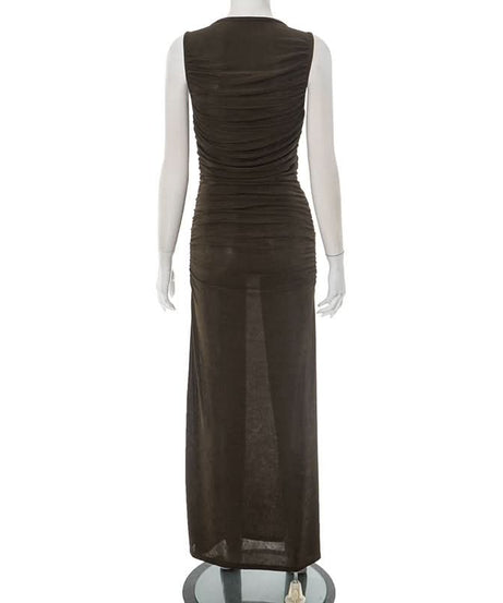 Effortless Glamour: Black Ruched Chain-Link Maxi Dress for Fall & Holiday Nights