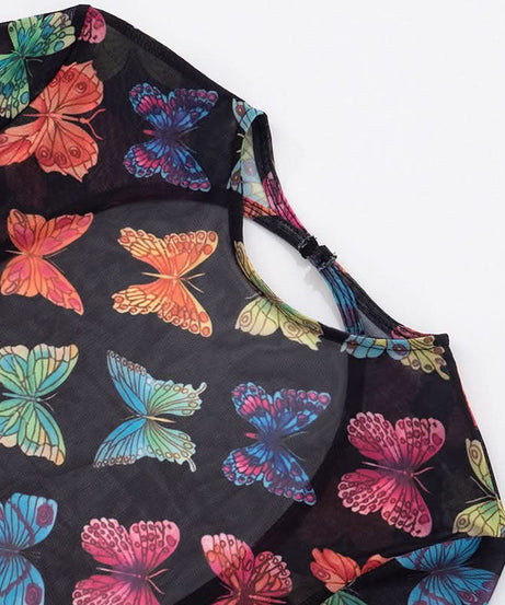 Vibrant Butterfly Sheer Mesh Romper | Long Sleeve Bodycon for Fall Parties, Halloween & Night Outs