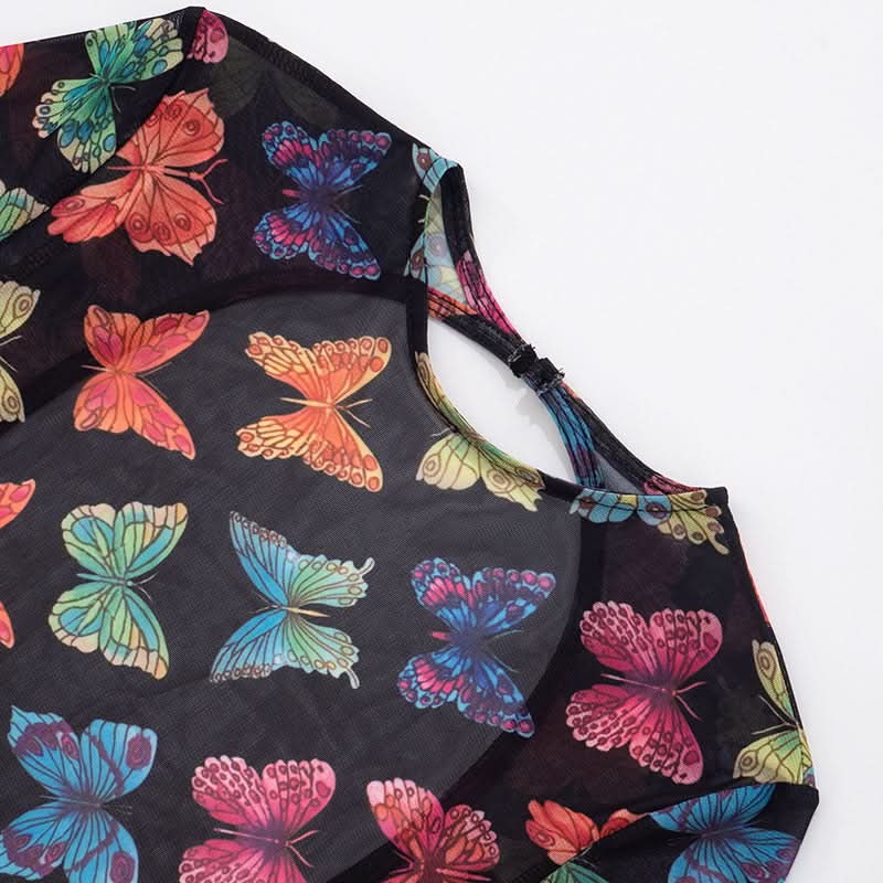 Vibrant Butterfly Sheer Mesh Romper | Long Sleeve Bodycon for Fall Parties, Halloween & Night Outs