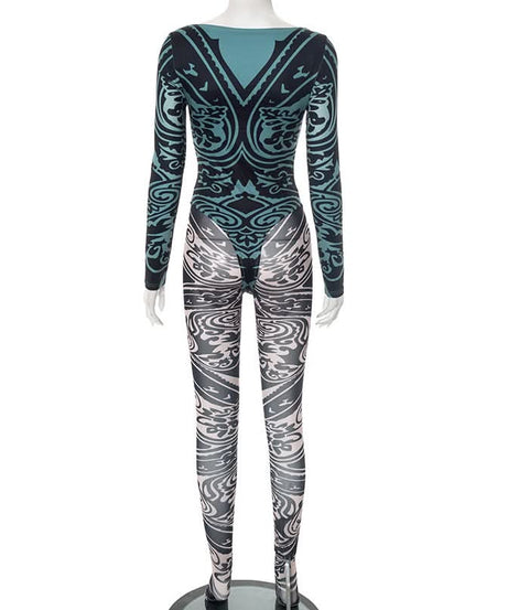 Fall '25 Abstract Wave Print Long Sleeve Jumpsuit - Teal & Black Bodycon Catsuit