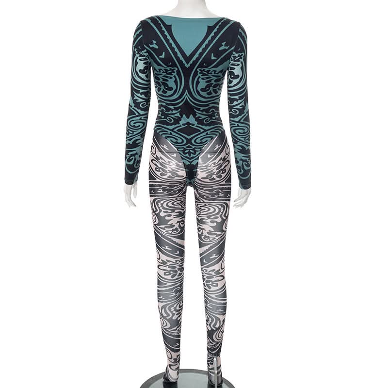Fall '25 Abstract Wave Print Long Sleeve Jumpsuit - Teal & Black Bodycon Catsuit