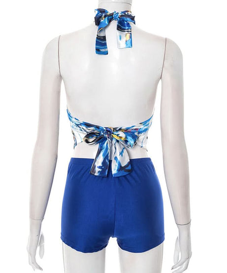 Vibrant Abstract Halter Top & Royal Blue Shorts Set - Your Chic Fall Getaway Essential
