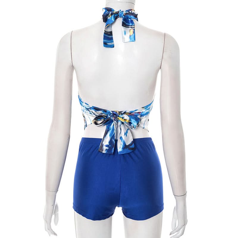 Vibrant Abstract Halter Top & Royal Blue Shorts Set - Your Chic Fall Getaway Essential