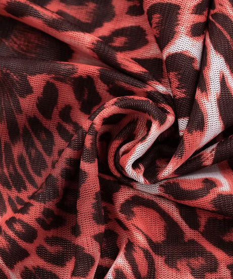 Wild Instincts: Red Leopard Mesh Jumpsuit – High Neck Sheer Bodycon for Fall Parties