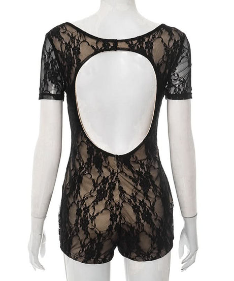 Sultry Black Lace Cutout Romper | Short Sleeve Bodycon Playsuit for Fall & Holiday Nights