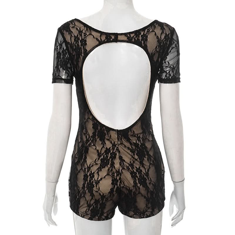 Sultry Black Lace Cutout Romper | Short Sleeve Bodycon Playsuit for Fall & Holiday Nights