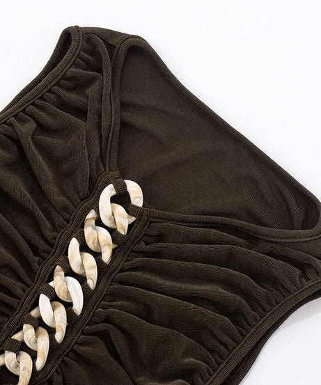 Effortless Glamour: Black Ruched Chain-Link Maxi Dress for Fall & Holiday Nights