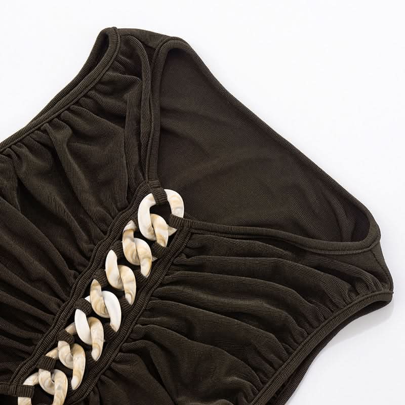 Effortless Glamour: Black Ruched Chain-Link Maxi Dress for Fall & Holiday Nights