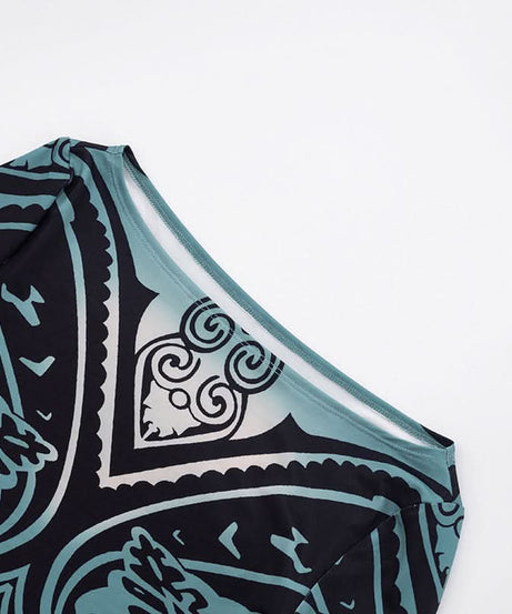 Fall '25 Abstract Wave Print Long Sleeve Jumpsuit - Teal & Black Bodycon Catsuit