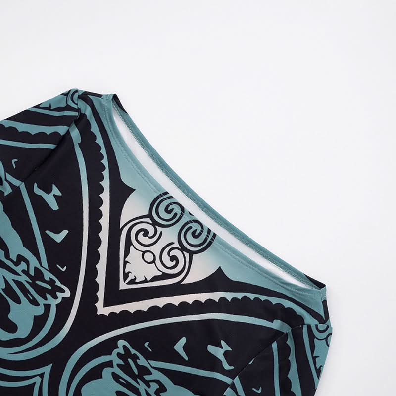 Fall '25 Abstract Wave Print Long Sleeve Jumpsuit - Teal & Black Bodycon Catsuit