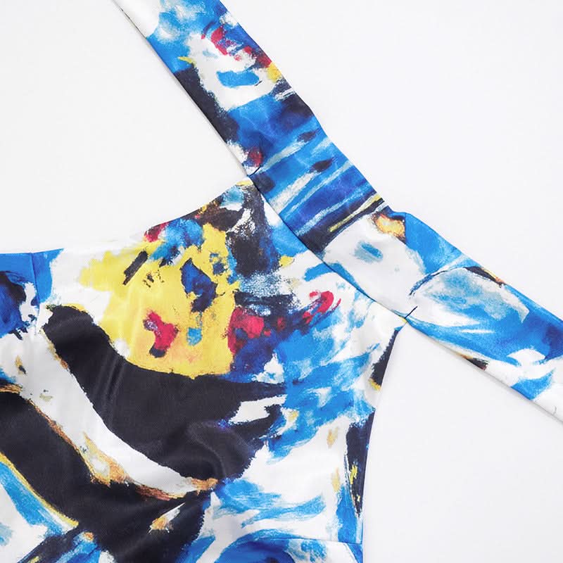 Vibrant Abstract Halter Top & Royal Blue Shorts Set - Your Chic Fall Getaway Essential