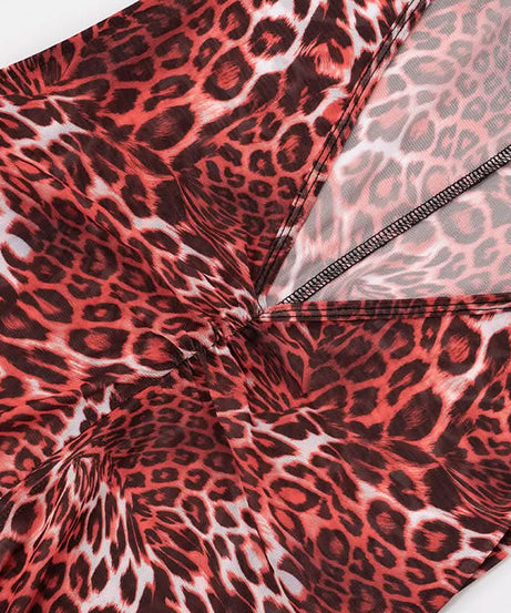 Wild Instincts: Red Leopard Mesh Jumpsuit – High Neck Sheer Bodycon for Fall Parties