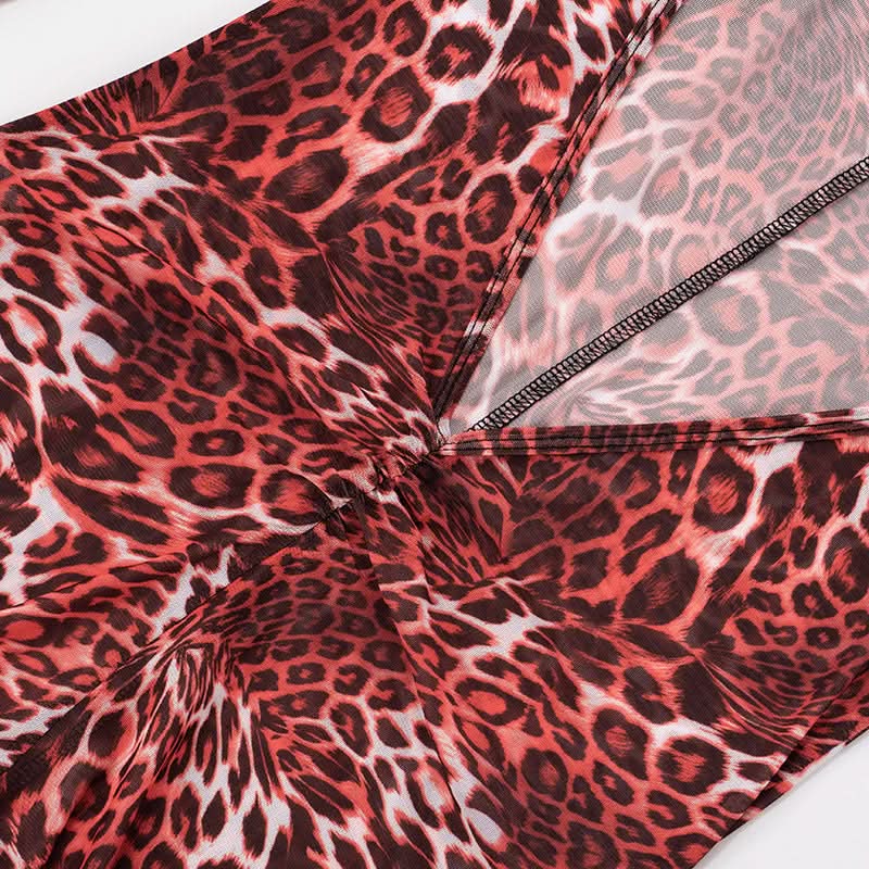 Wild Instincts: Red Leopard Mesh Jumpsuit – High Neck Sheer Bodycon for Fall Parties