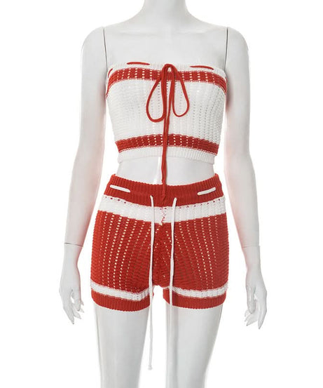 Effortless Escape: Red & White Crochet-Look Striped Tube Top & High-Waisted Shorts Set - Your Go-To for Warm Weather Getaways