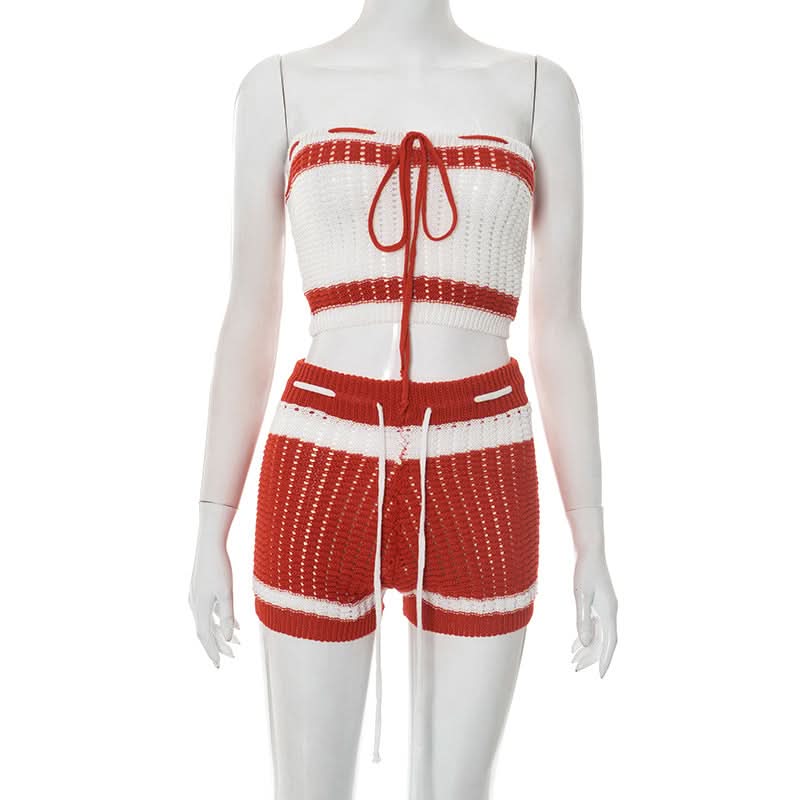 Effortless Escape: Red & White Crochet-Look Striped Tube Top & High-Waisted Shorts Set - Your Go-To for Warm Weather Getaways