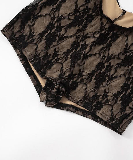 Sultry Black Lace Cutout Romper | Short Sleeve Bodycon Playsuit for Fall & Holiday Nights