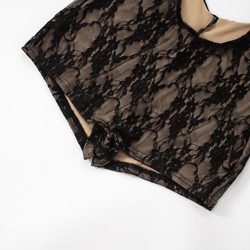 Sultry Black Lace Cutout Romper | Short Sleeve Bodycon Playsuit for Fall & Holiday Nights