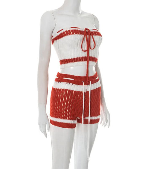 Effortless Escape: Red & White Crochet-Look Striped Tube Top & High-Waisted Shorts Set - Your Go-To for Warm Weather Getaways
