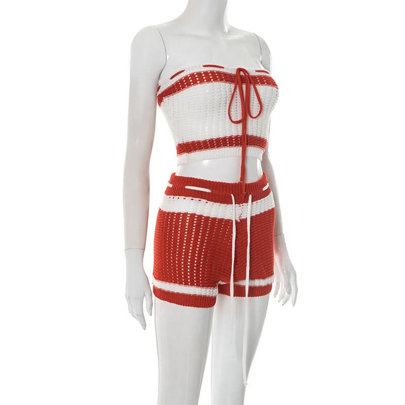 Effortless Escape: Red & White Crochet-Look Striped Tube Top & High-Waisted Shorts Set - Your Go-To for Warm Weather Getaways