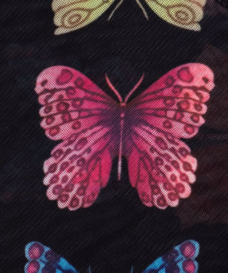 Vibrant Butterfly Sheer Mesh Romper | Long Sleeve Bodycon for Fall Parties, Halloween & Night Outs