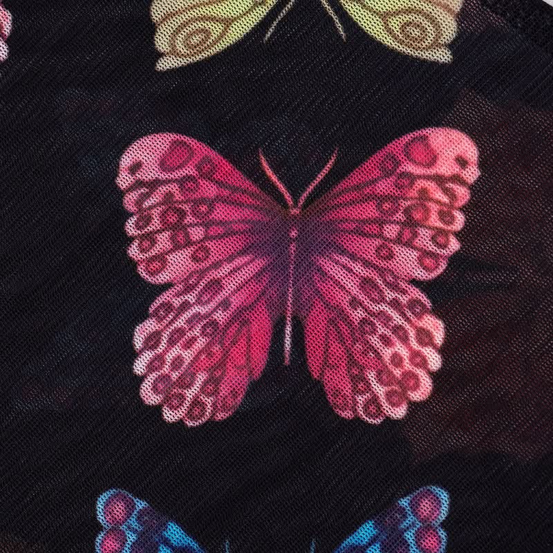 Vibrant Butterfly Sheer Mesh Romper | Long Sleeve Bodycon for Fall Parties, Halloween & Night Outs