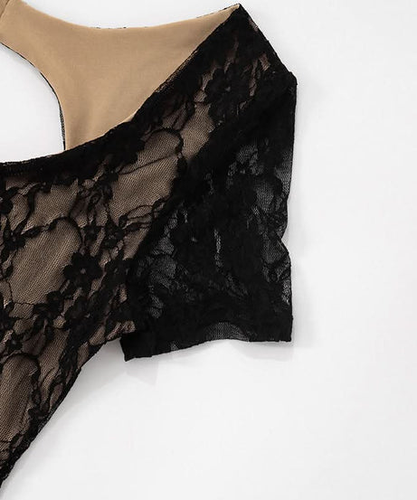 Sultry Black Lace Cutout Romper | Short Sleeve Bodycon Playsuit for Fall & Holiday Nights