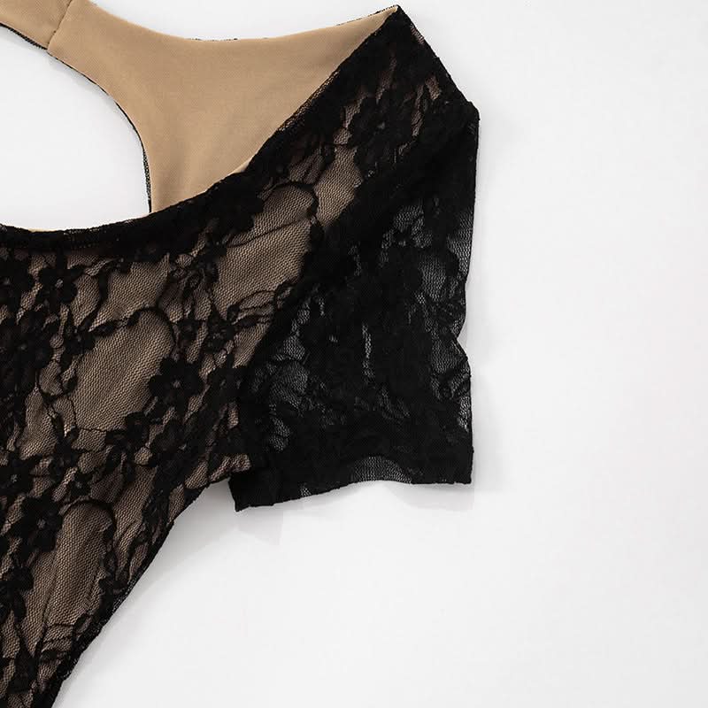 Sultry Black Lace Cutout Romper | Short Sleeve Bodycon Playsuit for Fall & Holiday Nights