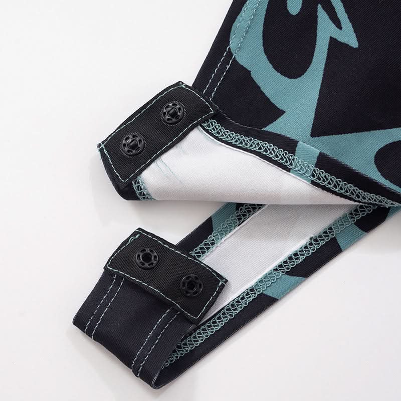 Fall '25 Abstract Wave Print Long Sleeve Jumpsuit - Teal & Black Bodycon Catsuit