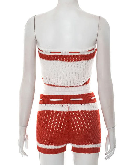Effortless Escape: Red & White Crochet-Look Striped Tube Top & High-Waisted Shorts Set - Your Go-To for Warm Weather Getaways
