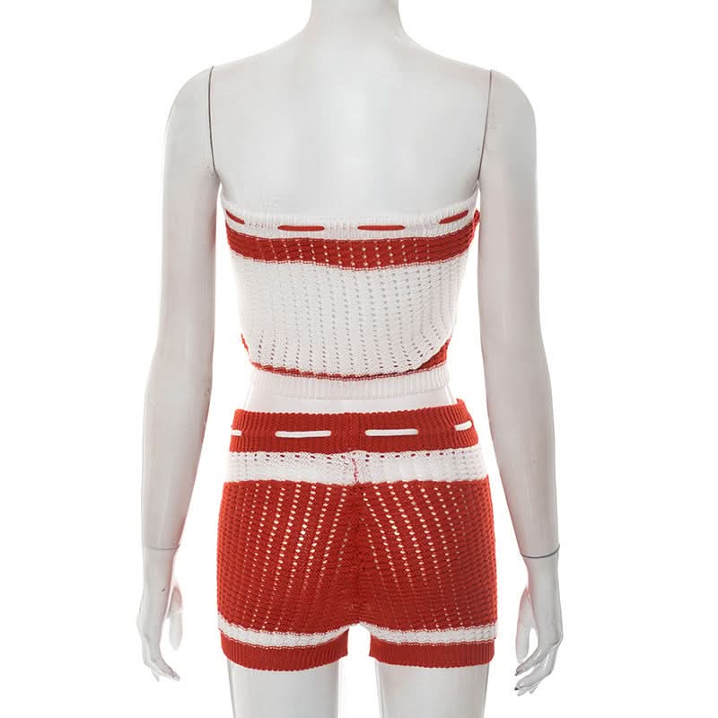 Effortless Escape: Red & White Crochet-Look Striped Tube Top & High-Waisted Shorts Set - Your Go-To for Warm Weather Getaways