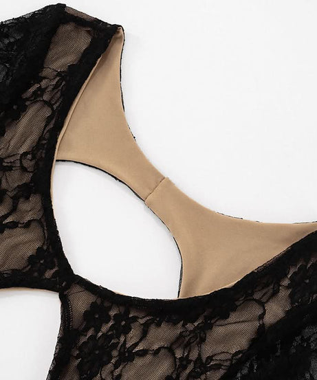 Sultry Black Lace Cutout Romper | Short Sleeve Bodycon Playsuit for Fall & Holiday Nights
