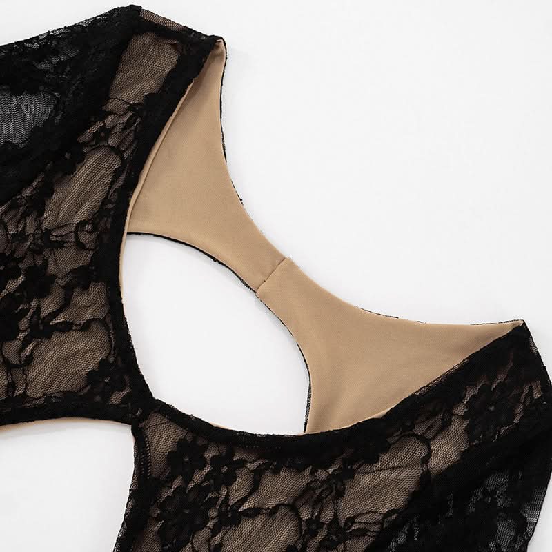 Sultry Black Lace Cutout Romper | Short Sleeve Bodycon Playsuit for Fall & Holiday Nights