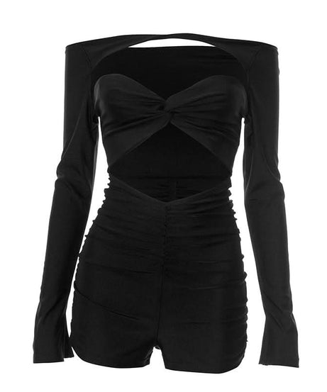 Sultry Black Off-Shoulder Cutout Romper - Ruched Bodycon Long Sleeve for Fall Nights & Party Season