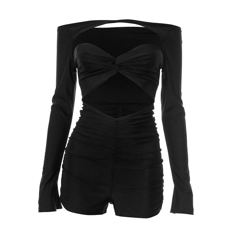 Sultry Black Off-Shoulder Cutout Romper - Ruched Bodycon Long Sleeve for Fall Nights & Party Season