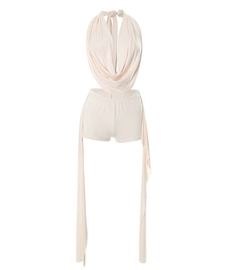 Midnight Glam Halter Cowl Neck Shorts Set - Daring Black Ensemble for Fall Parties