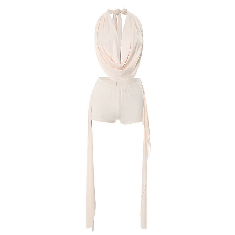 Midnight Glam Halter Cowl Neck Shorts Set - Daring Black Ensemble for Fall Parties