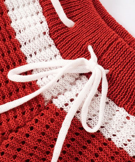 Effortless Escape: Red & White Crochet-Look Striped Tube Top & High-Waisted Shorts Set - Your Go-To for Warm Weather Getaways