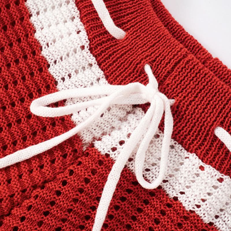 Effortless Escape: Red & White Crochet-Look Striped Tube Top & High-Waisted Shorts Set - Your Go-To for Warm Weather Getaways