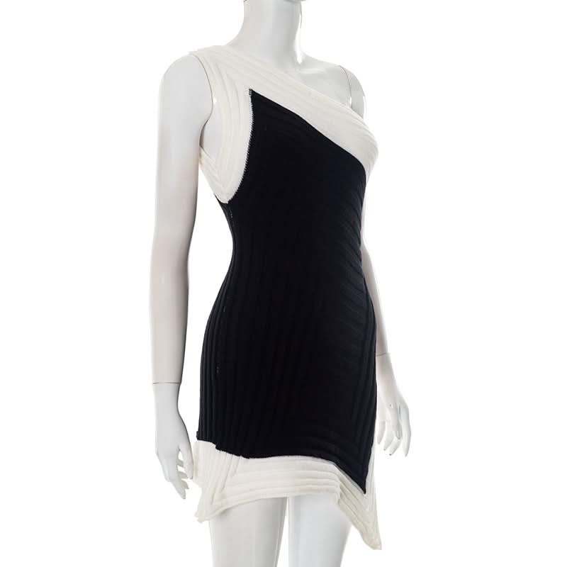 Chic Black & White Asymmetrical One-Shoulder Mini Dress | Fall & Holiday Party Ready
