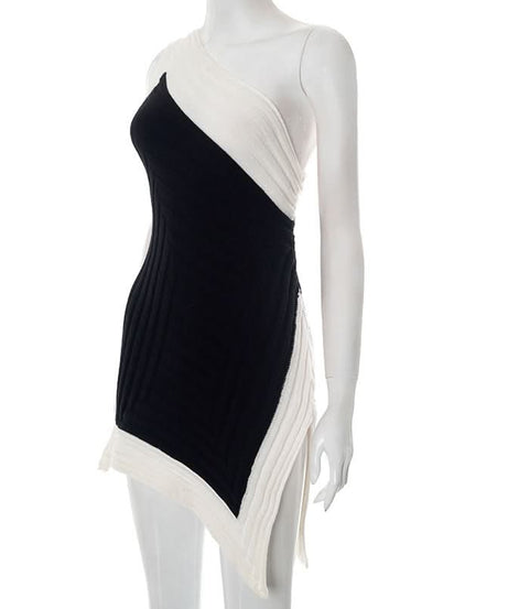 Chic Black & White Asymmetrical One-Shoulder Mini Dress | Fall & Holiday Party Ready