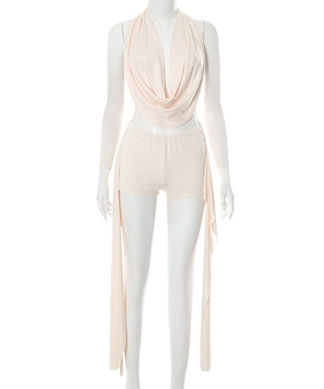 Midnight Glam Halter Cowl Neck Shorts Set - Daring Black Ensemble for Fall Parties