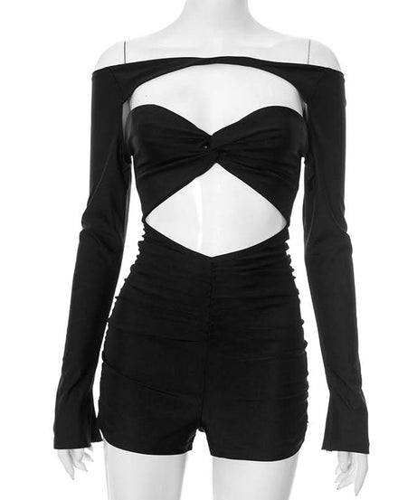 Sultry Black Off-Shoulder Cutout Romper - Ruched Bodycon Long Sleeve for Fall Nights & Party Season