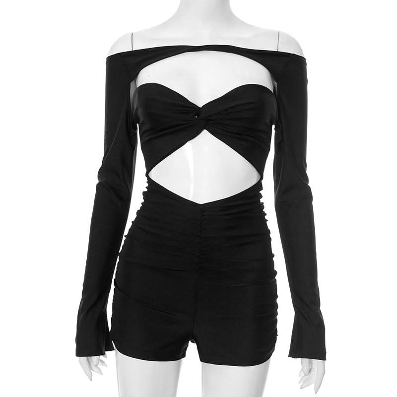 Sultry Black Off-Shoulder Cutout Romper - Ruched Bodycon Long Sleeve for Fall Nights & Party Season