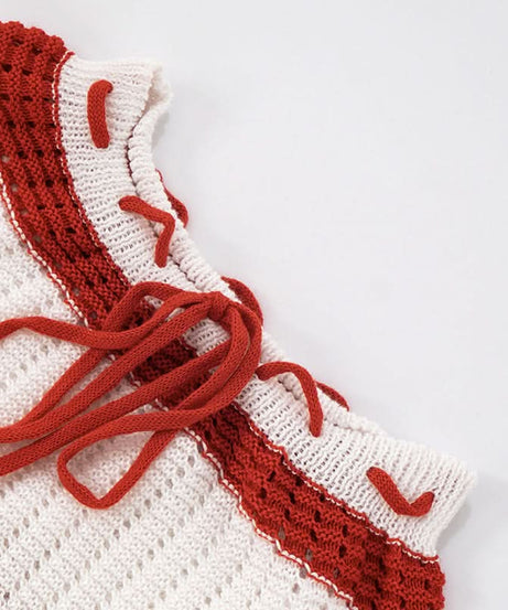 Effortless Escape: Red & White Crochet-Look Striped Tube Top & High-Waisted Shorts Set - Your Go-To for Warm Weather Getaways