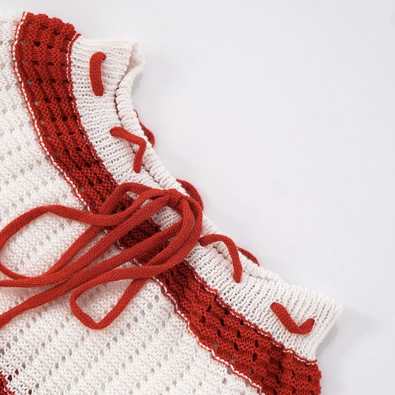 Effortless Escape: Red & White Crochet-Look Striped Tube Top & High-Waisted Shorts Set - Your Go-To for Warm Weather Getaways