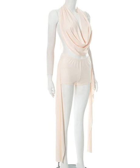 Midnight Glam Halter Cowl Neck Shorts Set - Daring Black Ensemble for Fall Parties