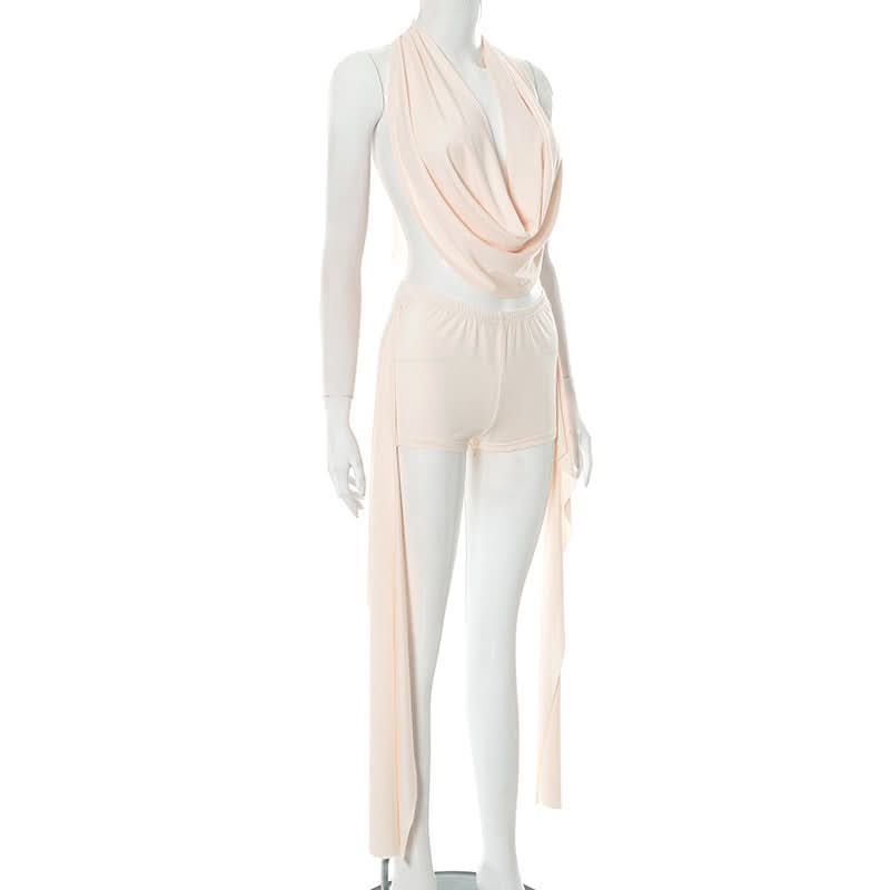 Midnight Glam Halter Cowl Neck Shorts Set - Daring Black Ensemble for Fall Parties