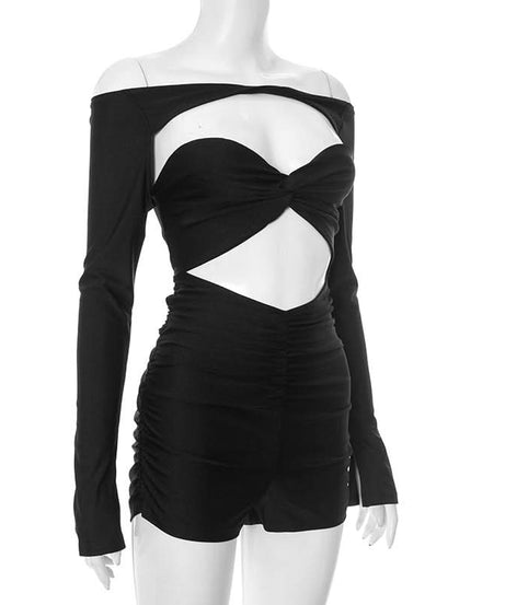 Sultry Black Off-Shoulder Cutout Romper - Ruched Bodycon Long Sleeve for Fall Nights & Party Season